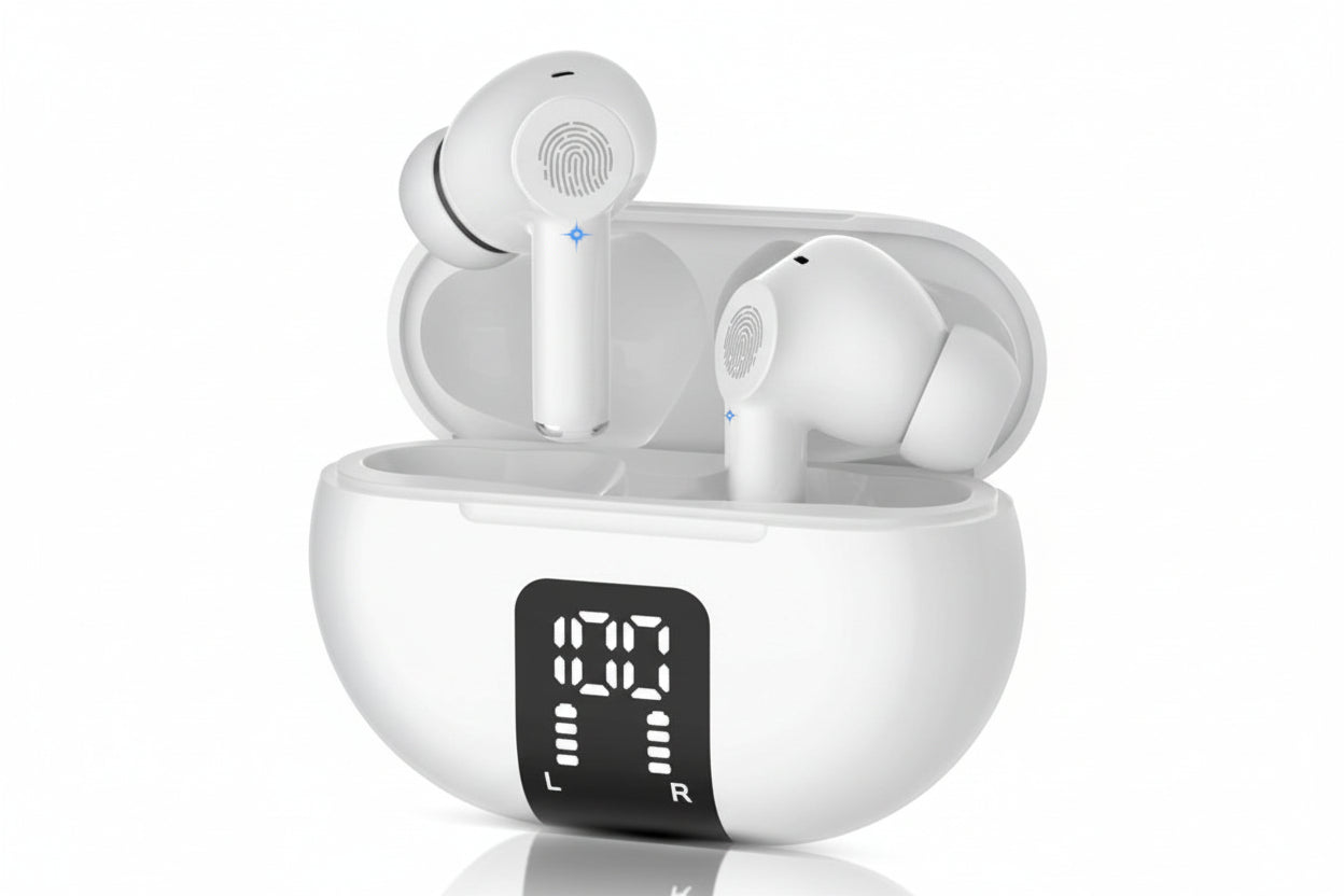 White wireless earbuds with charging case on a white background
